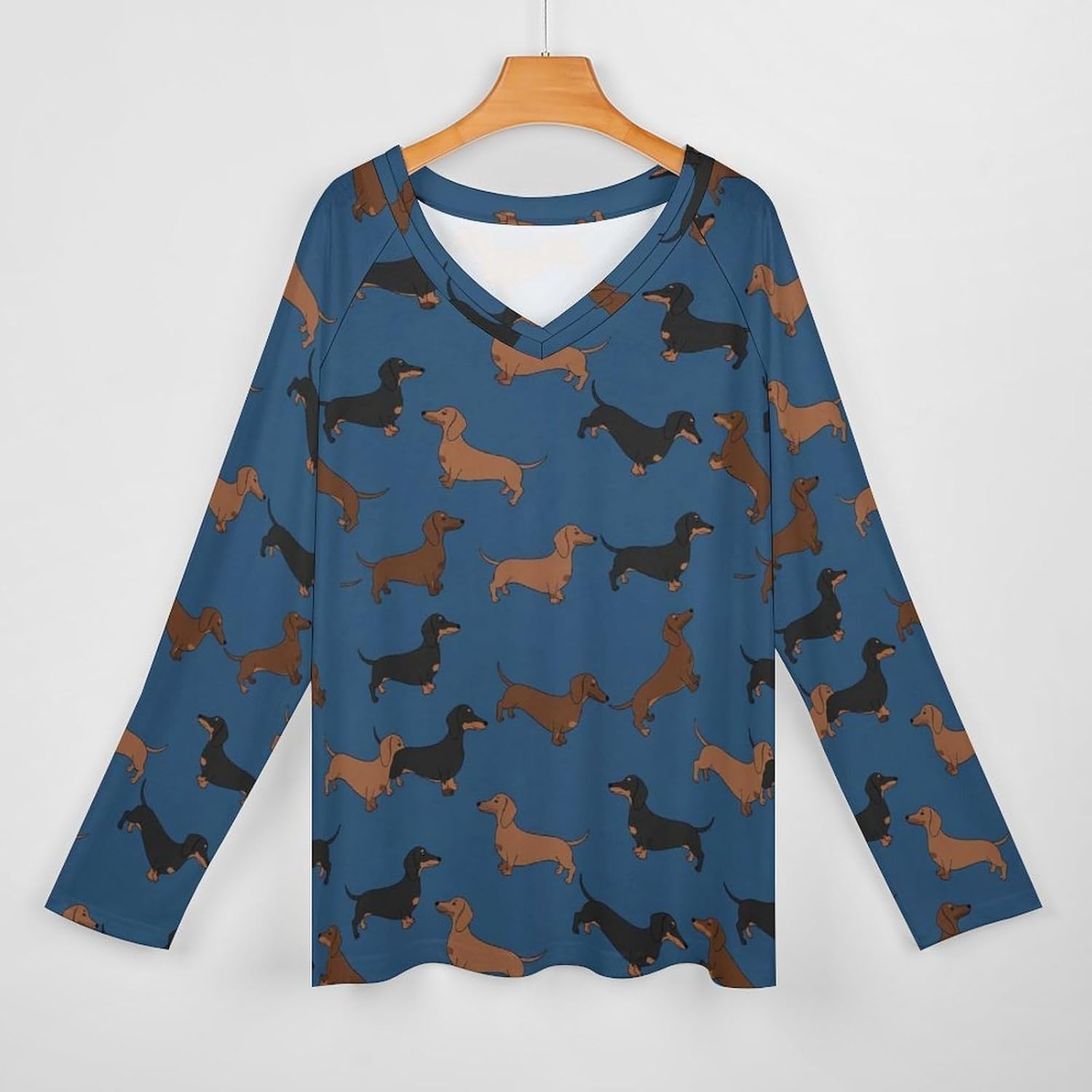 Women's Loose Fit Long Sleeve Dachshund V-Neck Top