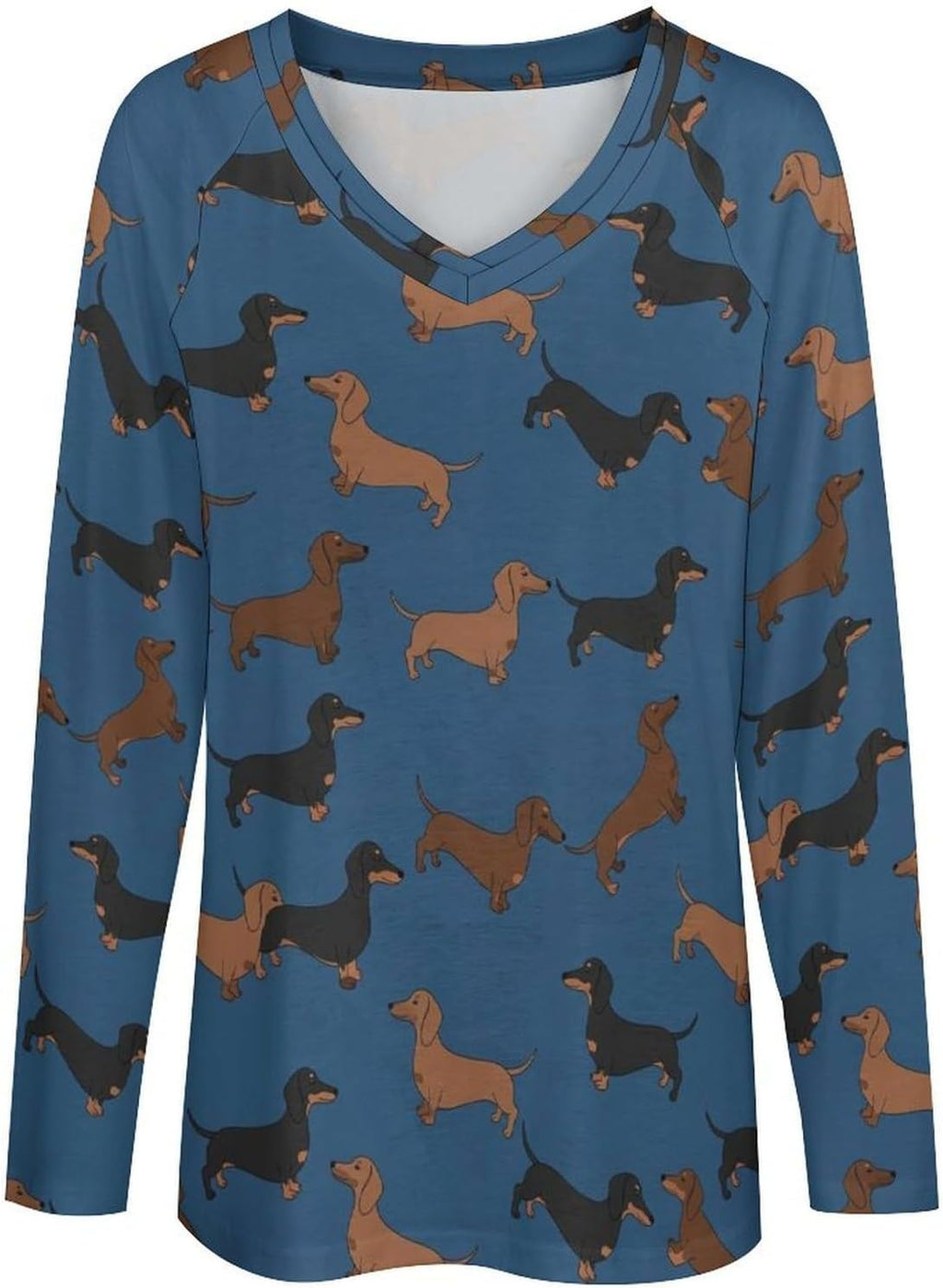 Women's Loose Fit Long Sleeve Dachshund V-Neck Top