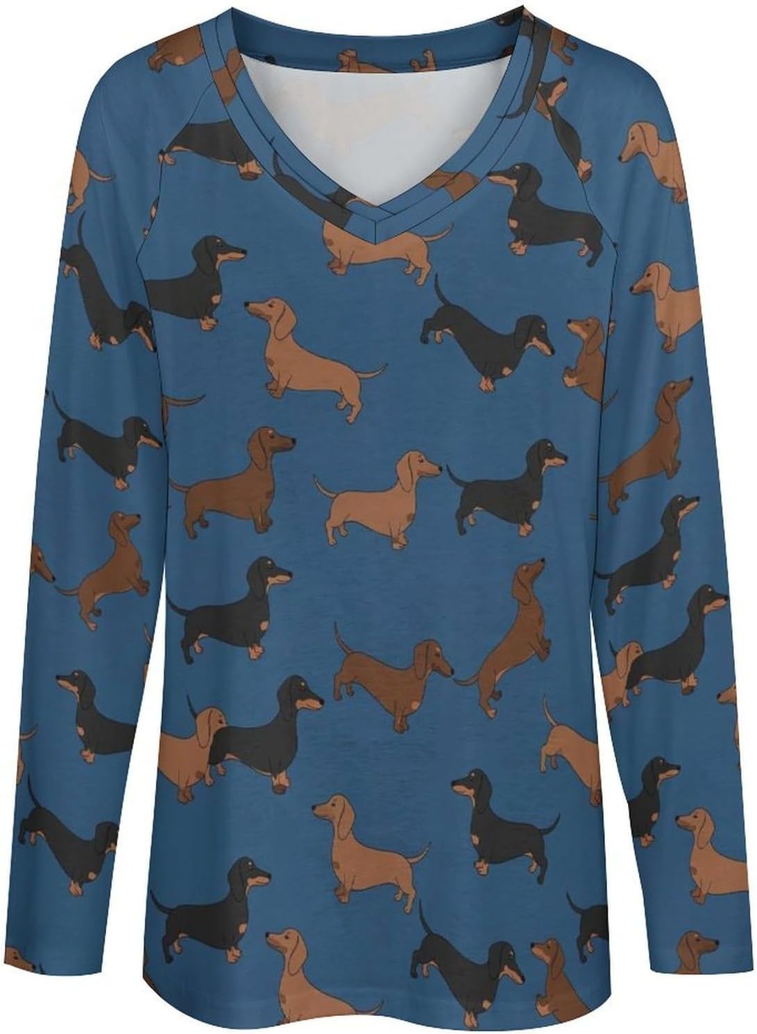 Women's Loose Fit Long Sleeve Dachshund V-Neck Top