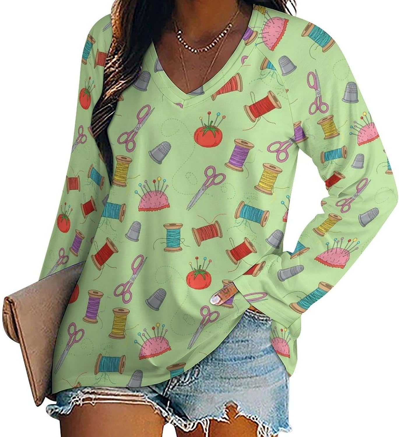 Women's Loose Fit Long Sleeve Dachshund V-Neck Top