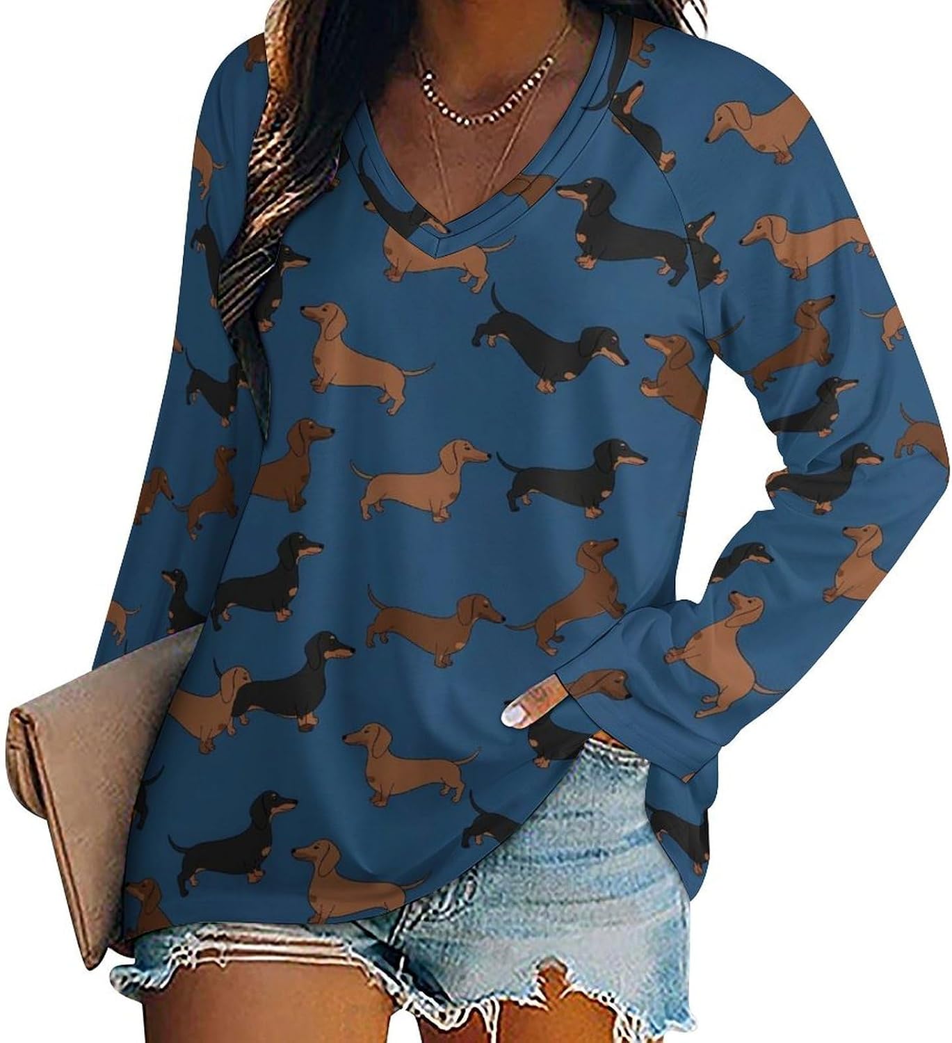 Women's Loose Fit Long Sleeve Dachshund V-Neck Top