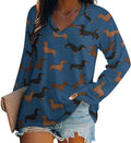 Women's Loose Fit Long Sleeve Dachshund V-Neck Top