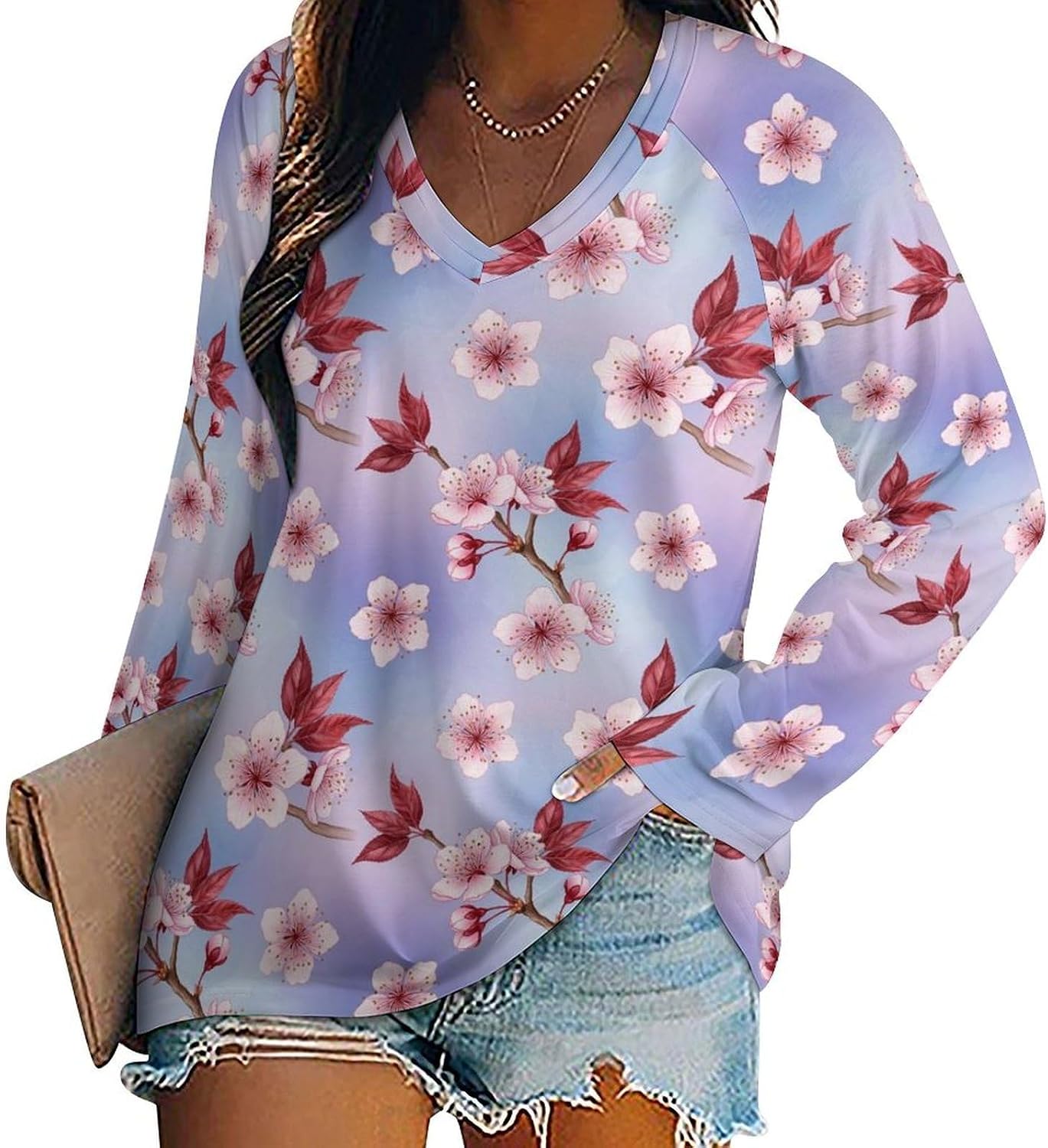 Women's Loose Fit Long Sleeve Dachshund V-Neck Top