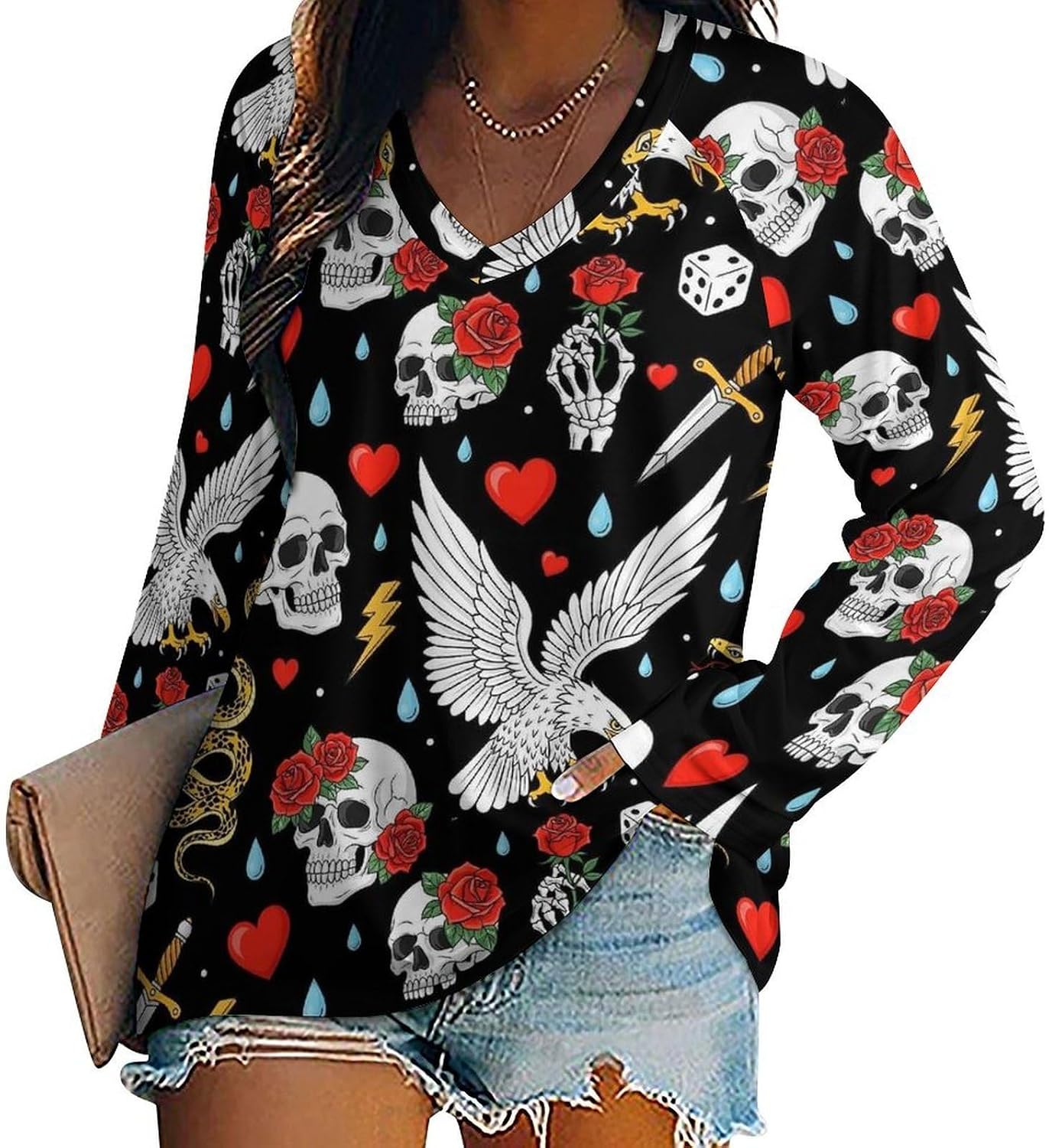 Women's Loose Fit Long Sleeve Dachshund V-Neck Top