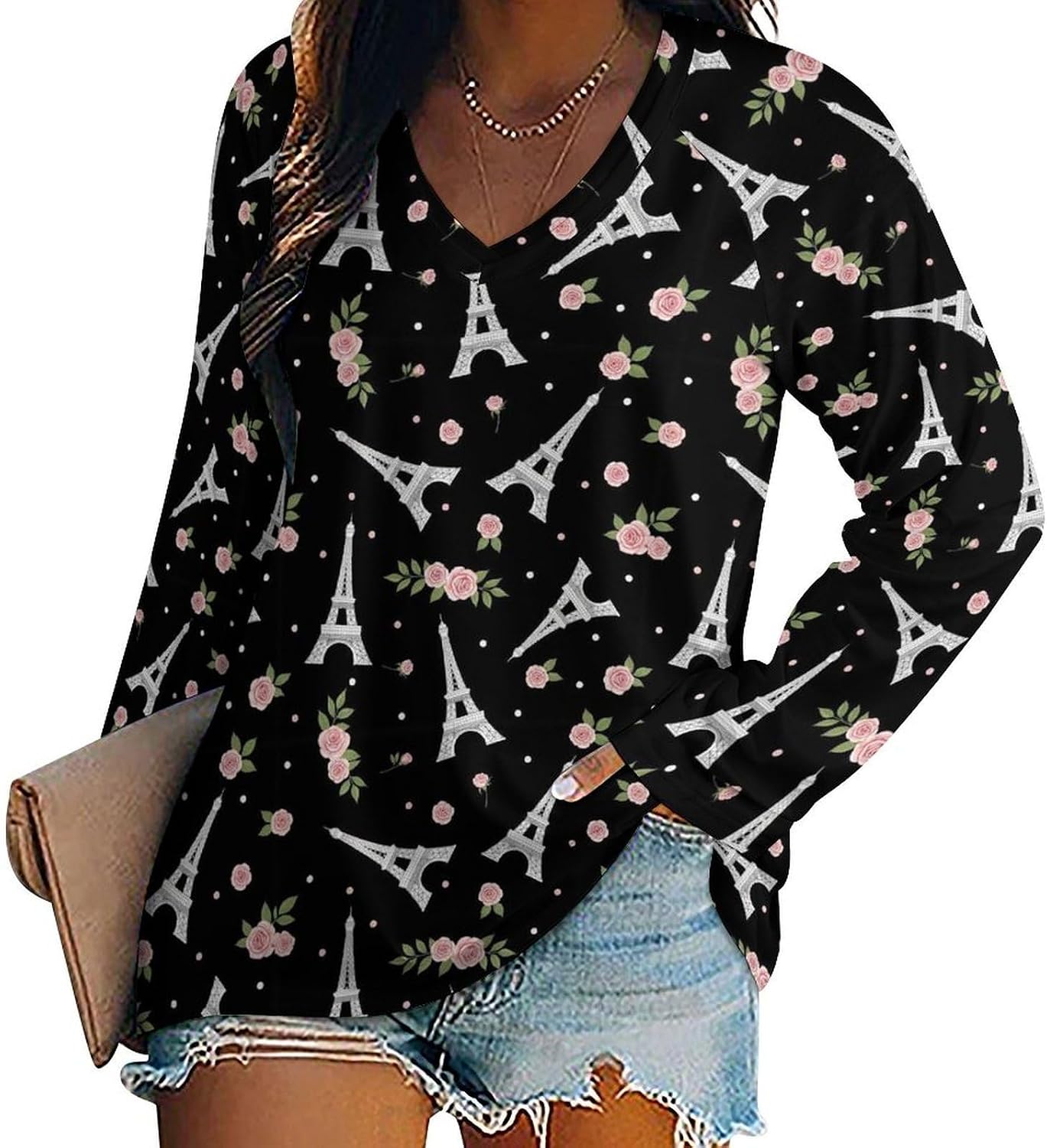 Women's Loose Fit Long Sleeve Dachshund V-Neck Top