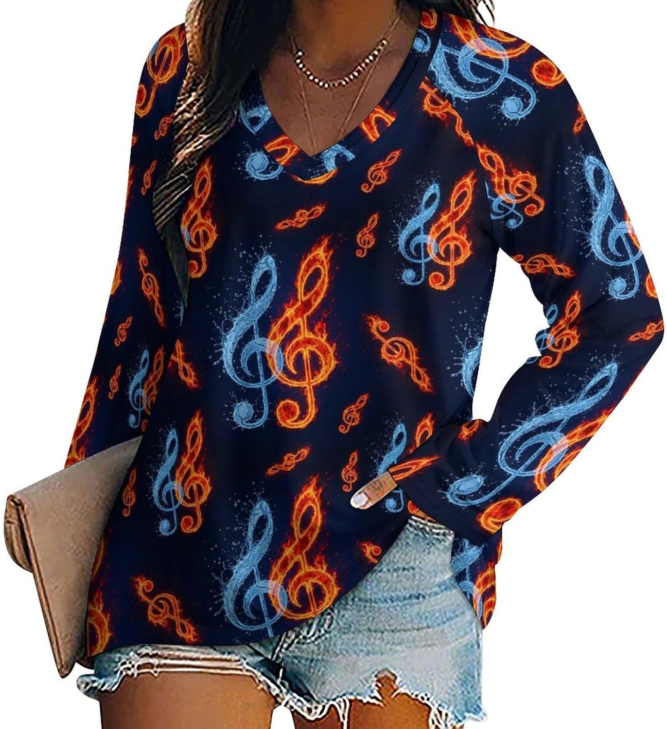 Women's Loose Fit Long Sleeve Dachshund V-Neck Top