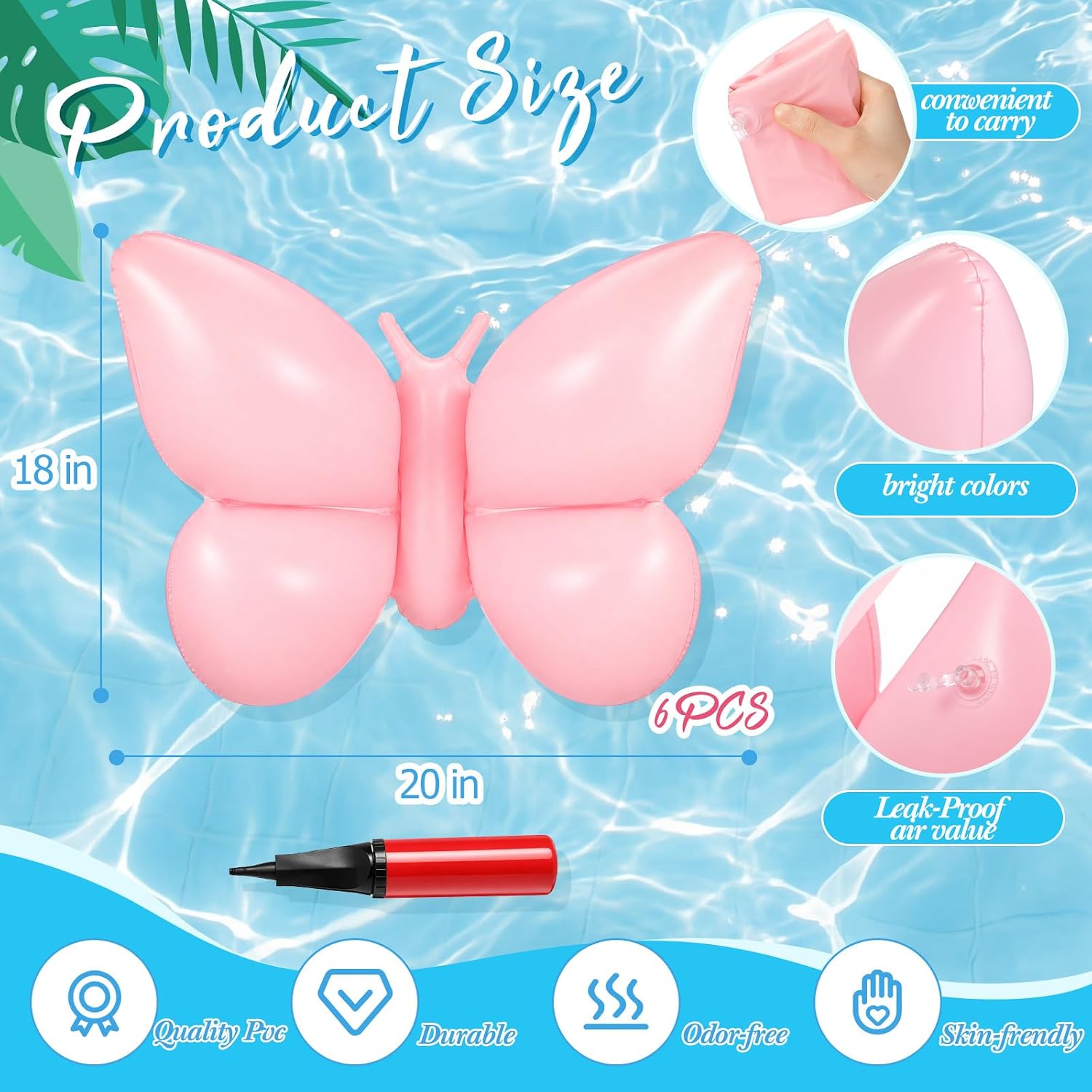 6 Piece Large Inflatable Butterfly Pool Floats with Pump for Adults