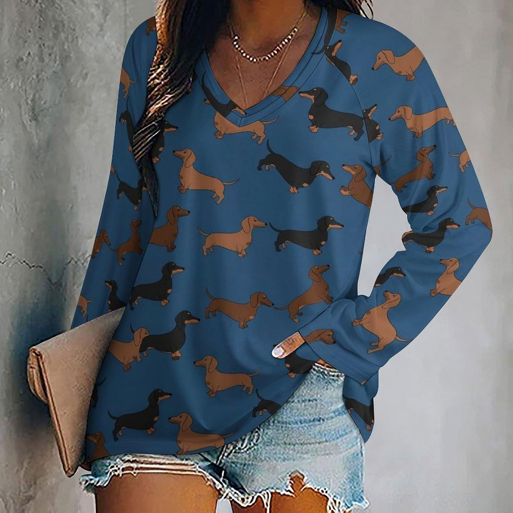 Women's Loose Fit Long Sleeve Dachshund V-Neck Top