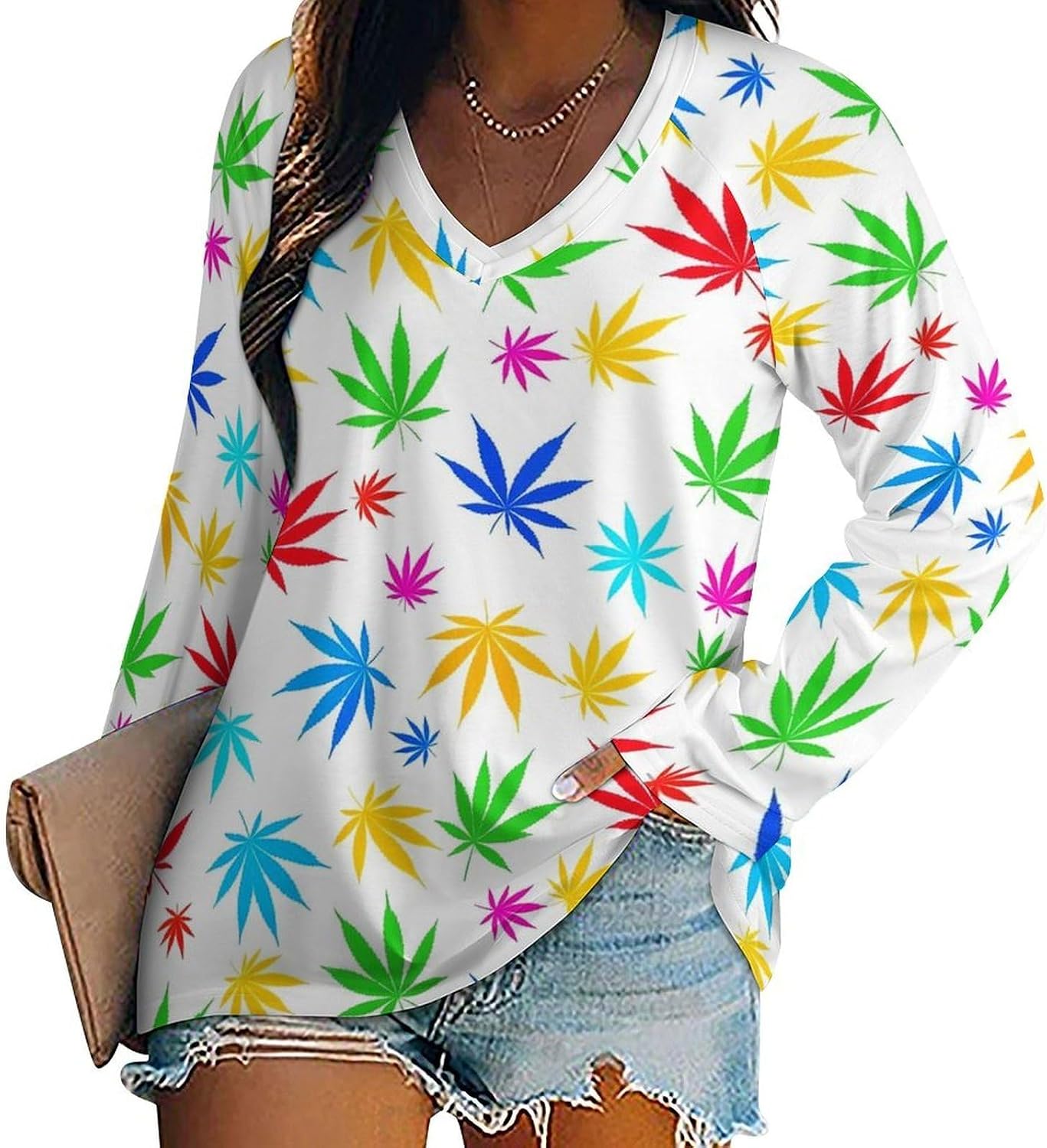 Women's Loose Fit Long Sleeve Dachshund V-Neck Top