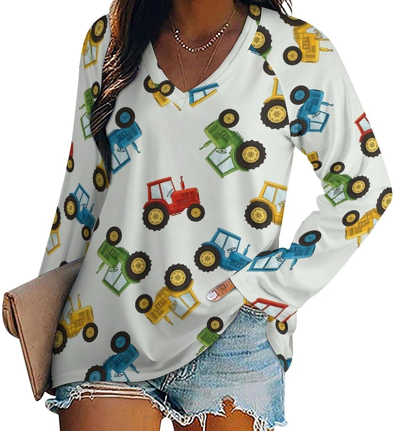 Women's Loose Fit Long Sleeve Dachshund V-Neck Top