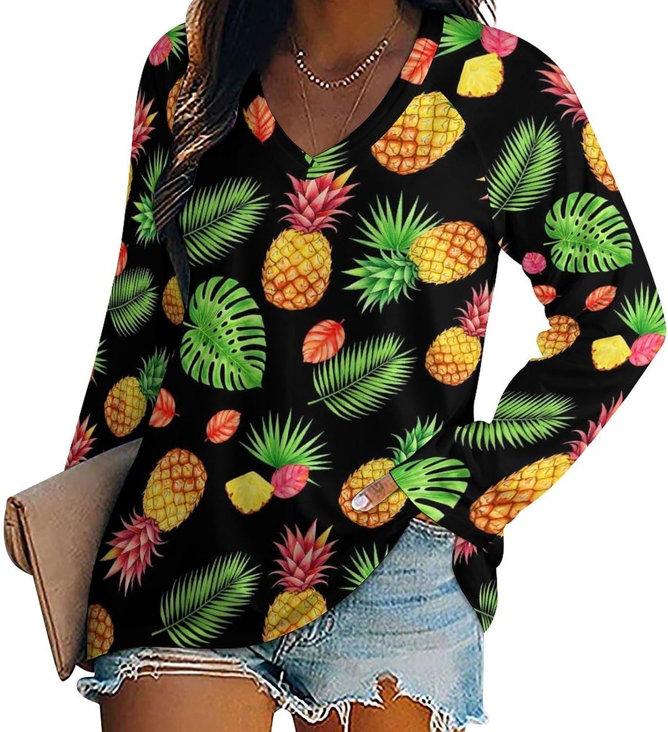 Women's Loose Fit Long Sleeve Dachshund V-Neck Top