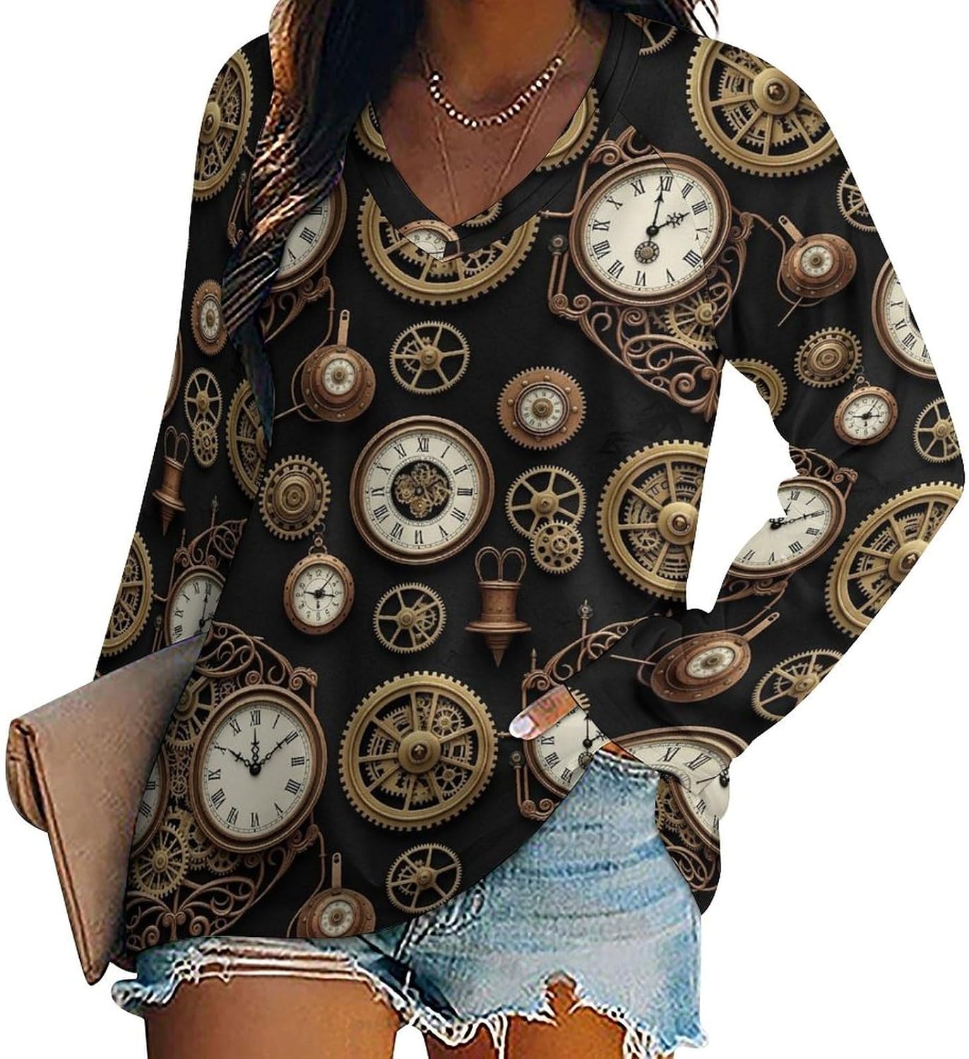 Women's Loose Fit Long Sleeve Dachshund V-Neck Top