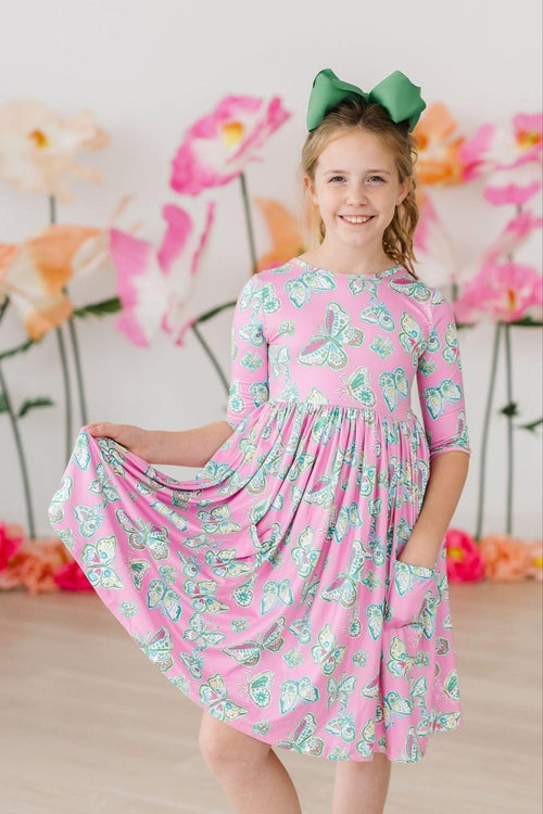 Butterfly Garden 3/4 Sleeve Pocket Twirl Dress - Flutter & Fetch, Co.